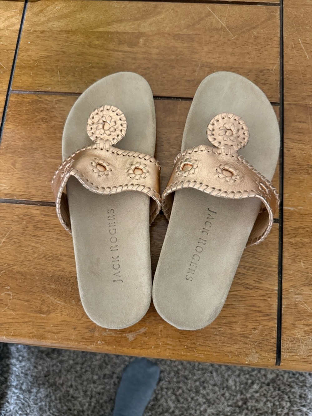Jack Rogers Metallic Rose Gold Whipstitch Sandals